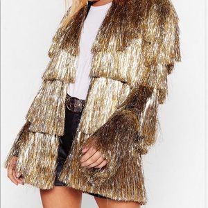 Nasty Gal Gold Metallic Open Front Tiered Fringe Jacket